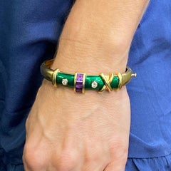 1970's Diamond Amethyst Green Enamel 18 Karat Yellow Gold Bangle Bracelet