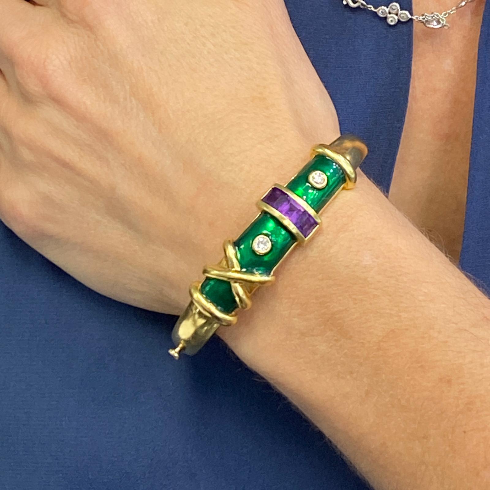 Contemporary 1970's Diamond Amethyst Green Enamel 18 Karat Yellow Gold Bangle Bracelet