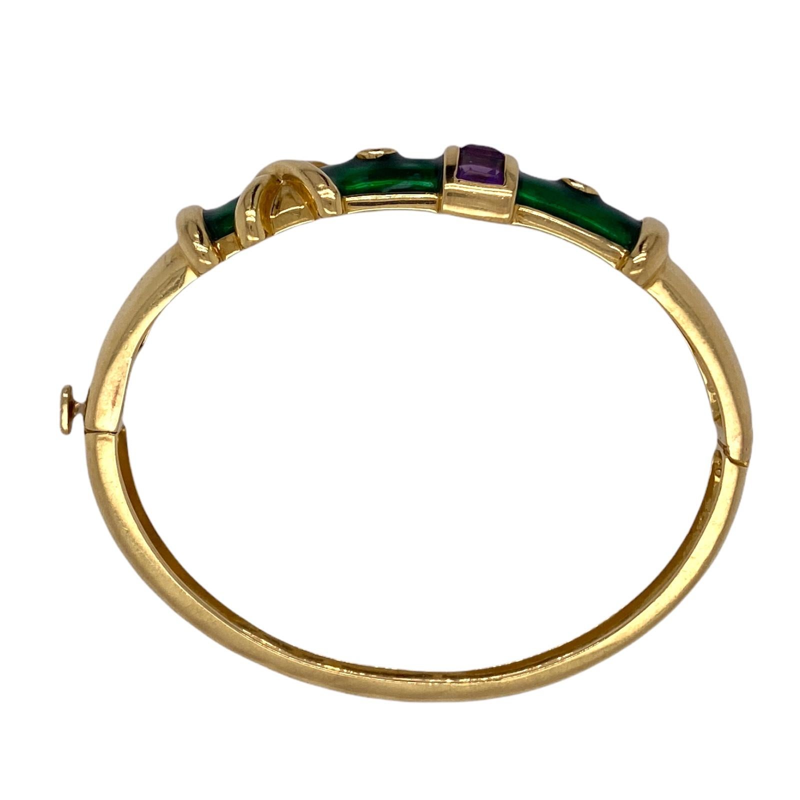 Round Cut 1970's Diamond Amethyst Green Enamel 18 Karat Yellow Gold Bangle Bracelet