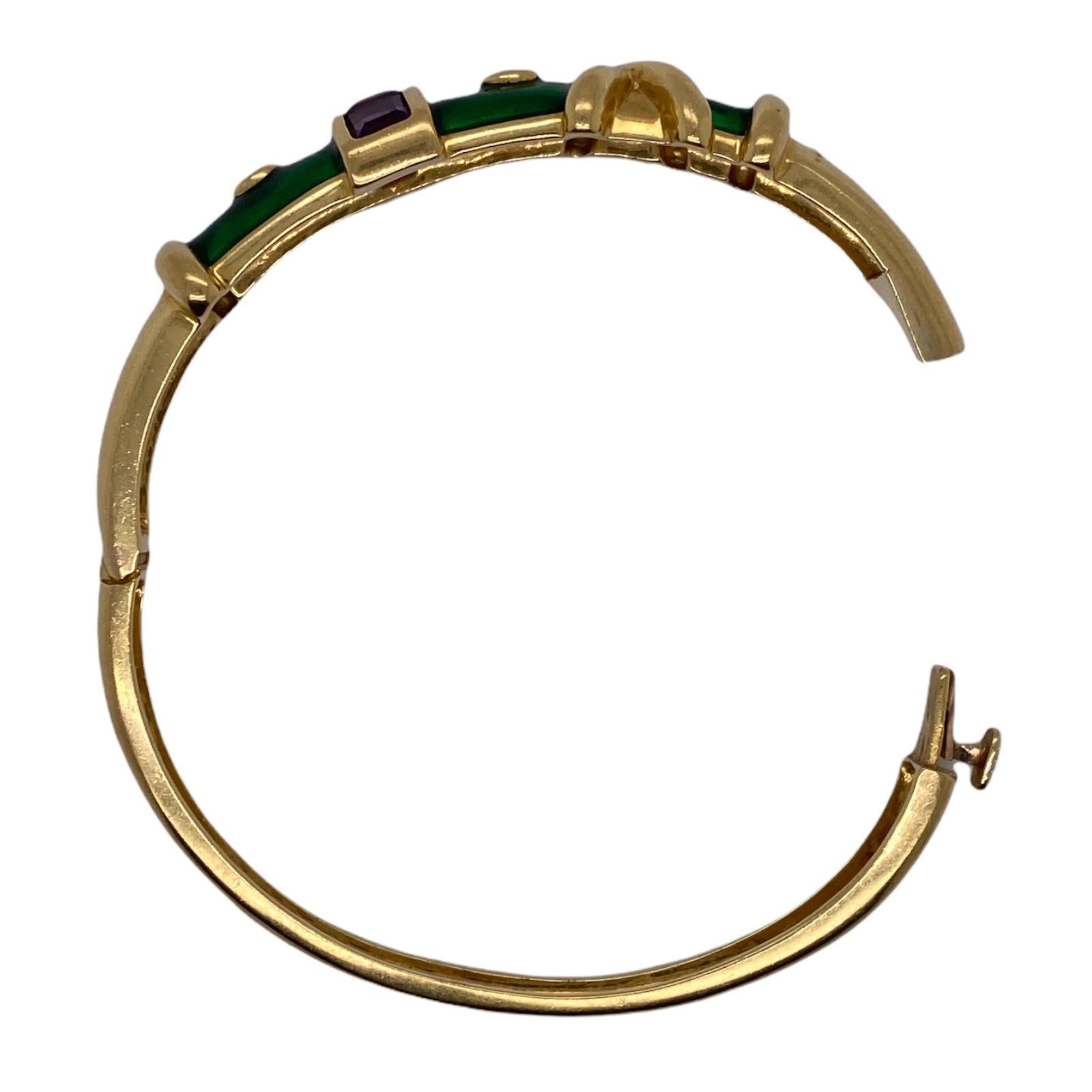 1970's Diamond Amethyst Green Enamel 18 Karat Yellow Gold Bangle Bracelet In Excellent Condition In Boca Raton, FL