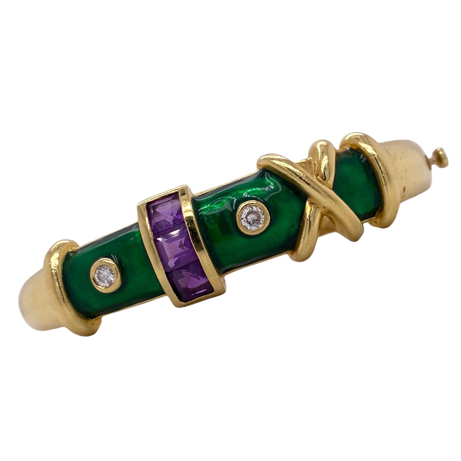 1970's Diamond Amethyst Green Enamel 18 Karat Yellow Gold Bangle Bracelet