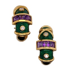 Vintage 1970's Diamond Amethyst Green Enamel 18 Karat Yellow Gold Leverback Earrings