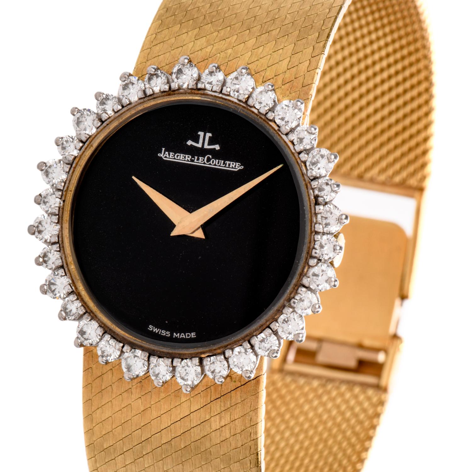 Vintage 1970’s preowned Ladies DImaond bezel Jaeger leCoultre watch was crafted in 18K gold. This watch has a diamond bezel and black dial with cold colored hands. Jaeger leCoultre Mechanical Movement.
Mesh bracelet measures approximately 6.5