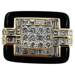 1970s Diamond Black Onyx 18k Yellow Gold Cocktail Ring