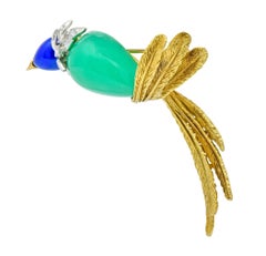 1970s Diamond Blue Agate Chrysoprase Platinum 18 Karat Gold Bird Brooch