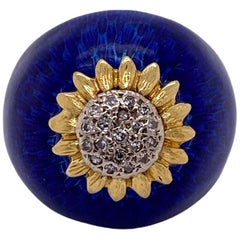 1970s Diamond Blue Enamel 18 Karat Yellow Gold Vintage Dome Ring