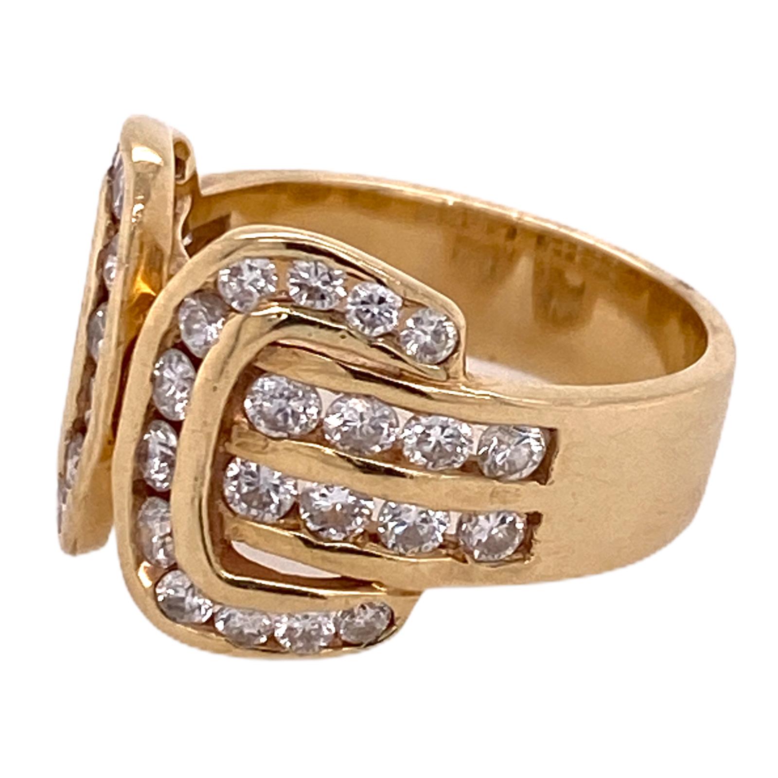 1970s Diamond Buckle 14 Karat Yellow Gold Vintage Ring Channel Set Diamonds In Excellent Condition In Boca Raton, FL