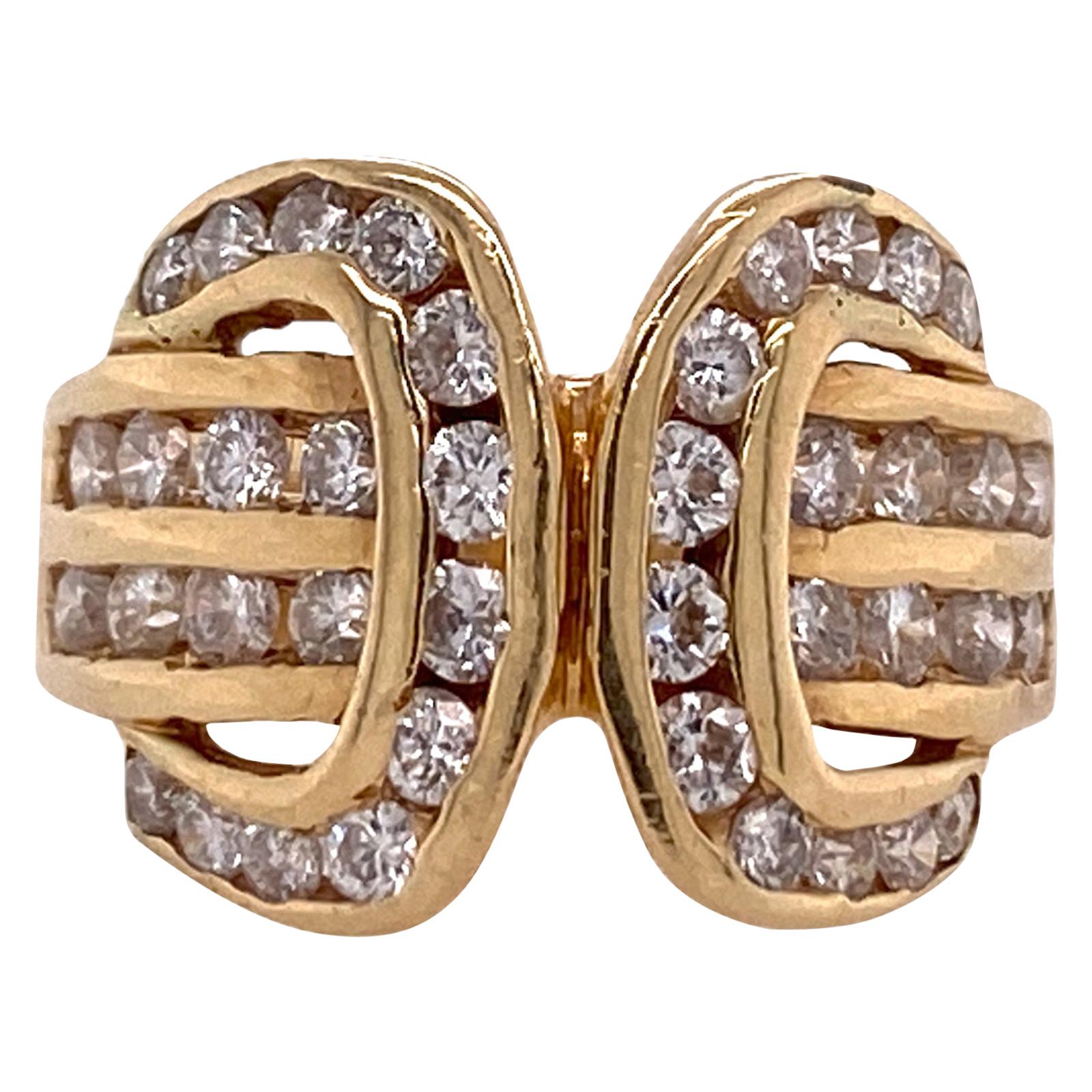 1970s Diamond Buckle 14 Karat Yellow Gold Vintage Ring Channel Set Diamonds