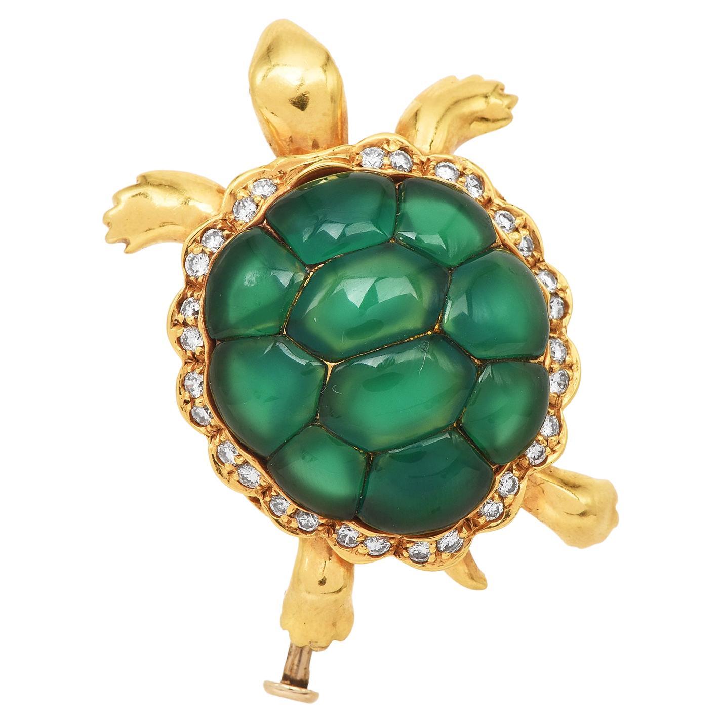 1970's Diamond Chalcedony 18K Yellow Gold Turtle Brooch Pin