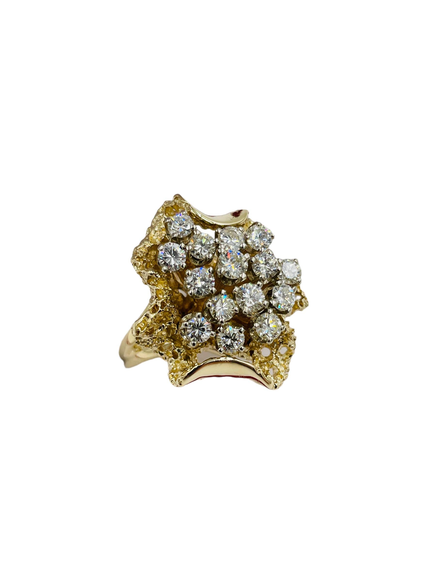 Diamond Yellow Gold Cluster Ring, circa 1970s.

ABOUT THIS ITEM:  R-DJ818A   From the fabulous 70s this unusually-designed diamond cluster ring, is very unique and very well made.  The fifteen diamonds clustered together are nestled in an abstract