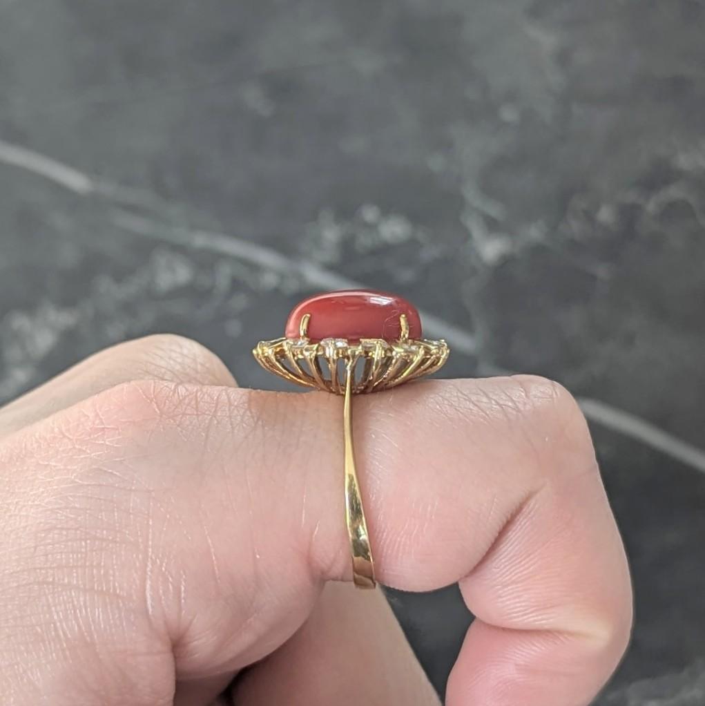 1970's Diamond Coral 18 Karat Yellow Gold Vintage Halo Ring For Sale 5