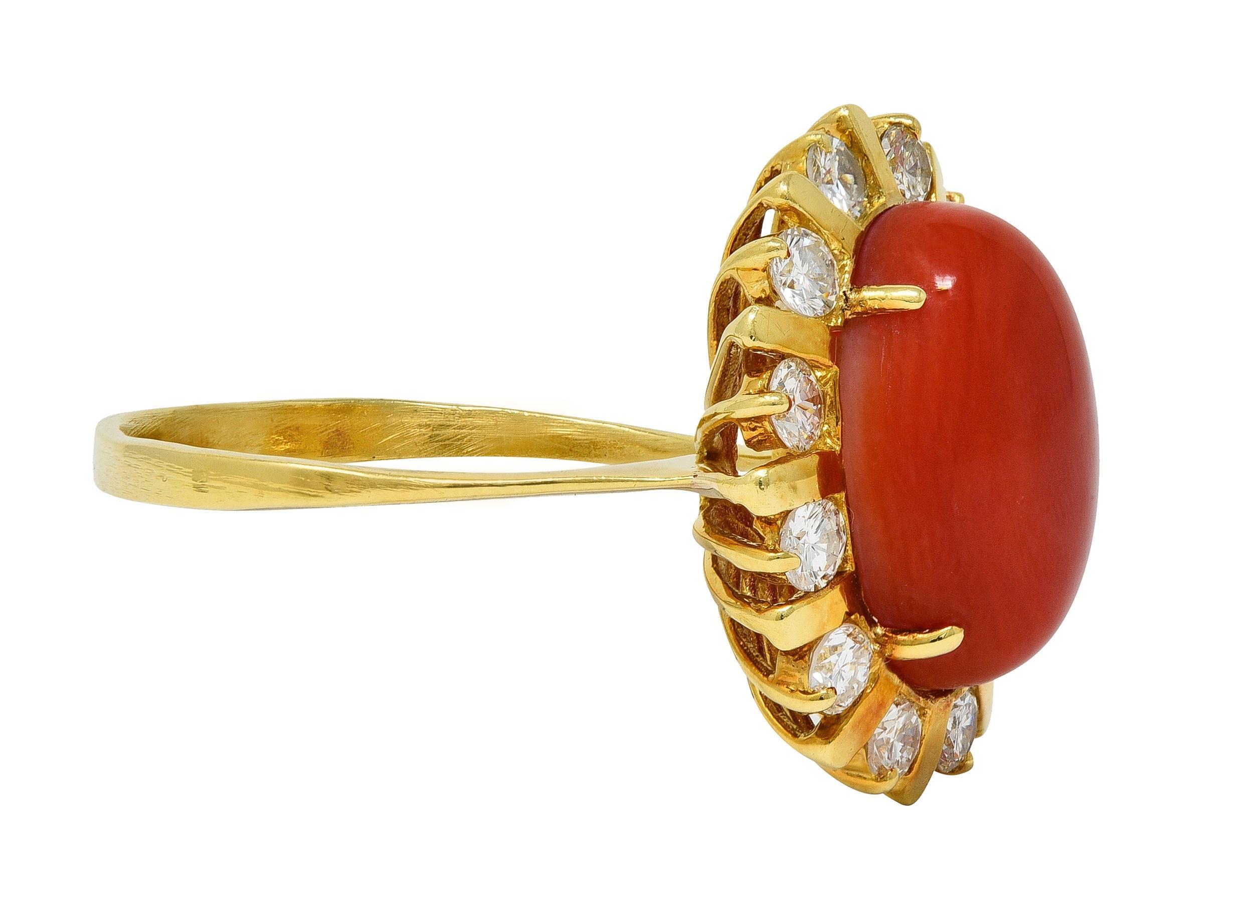 Cabochon 1970's Diamond Coral 18 Karat Yellow Gold Vintage Halo Ring For Sale