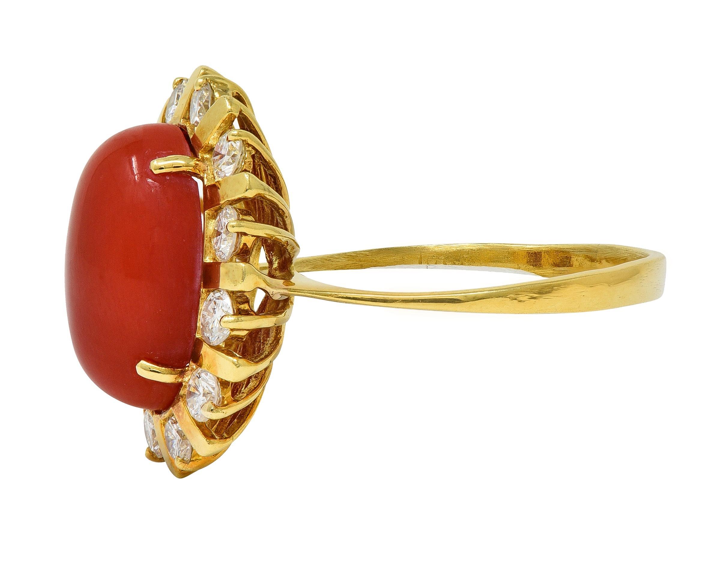 Women's or Men's 1970's Diamond Coral 18 Karat Yellow Gold Vintage Halo Ring For Sale