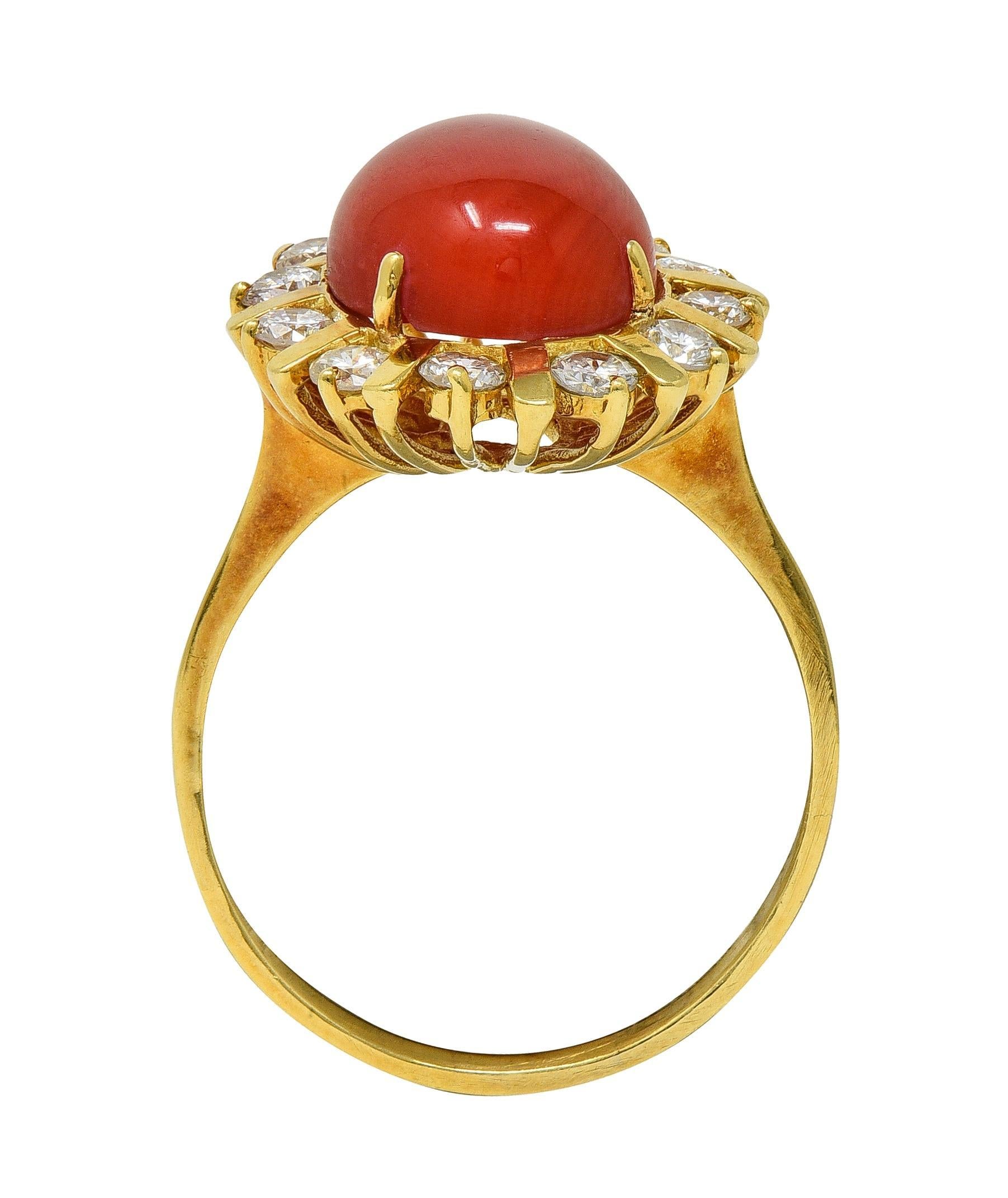 1970's Diamond Coral 18 Karat Yellow Gold Vintage Halo Ring For Sale 2