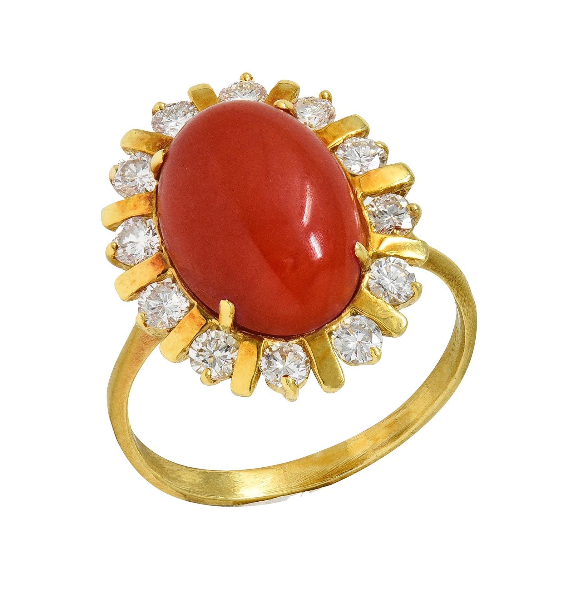 1970's Diamond Coral 18 Karat Yellow Gold Vintage Halo Ring For Sale 3