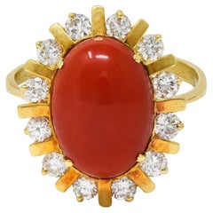 1970's Diamond Coral 18 Karat Yellow Gold Vintage Halo Ring