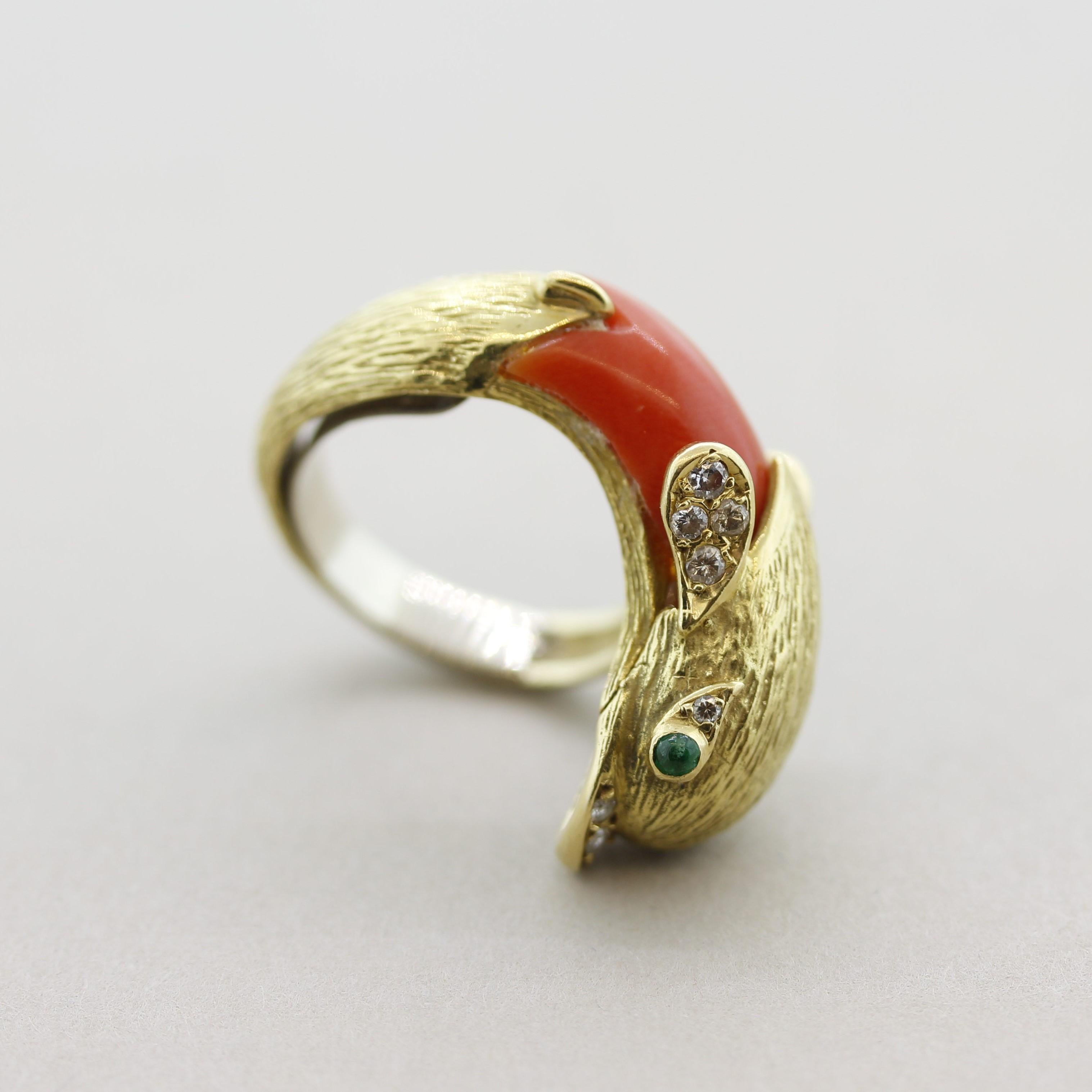 Diamant-Koralle-Smaragd-Gold- Delphin-Ring, 1970er Jahre Damen im Angebot
