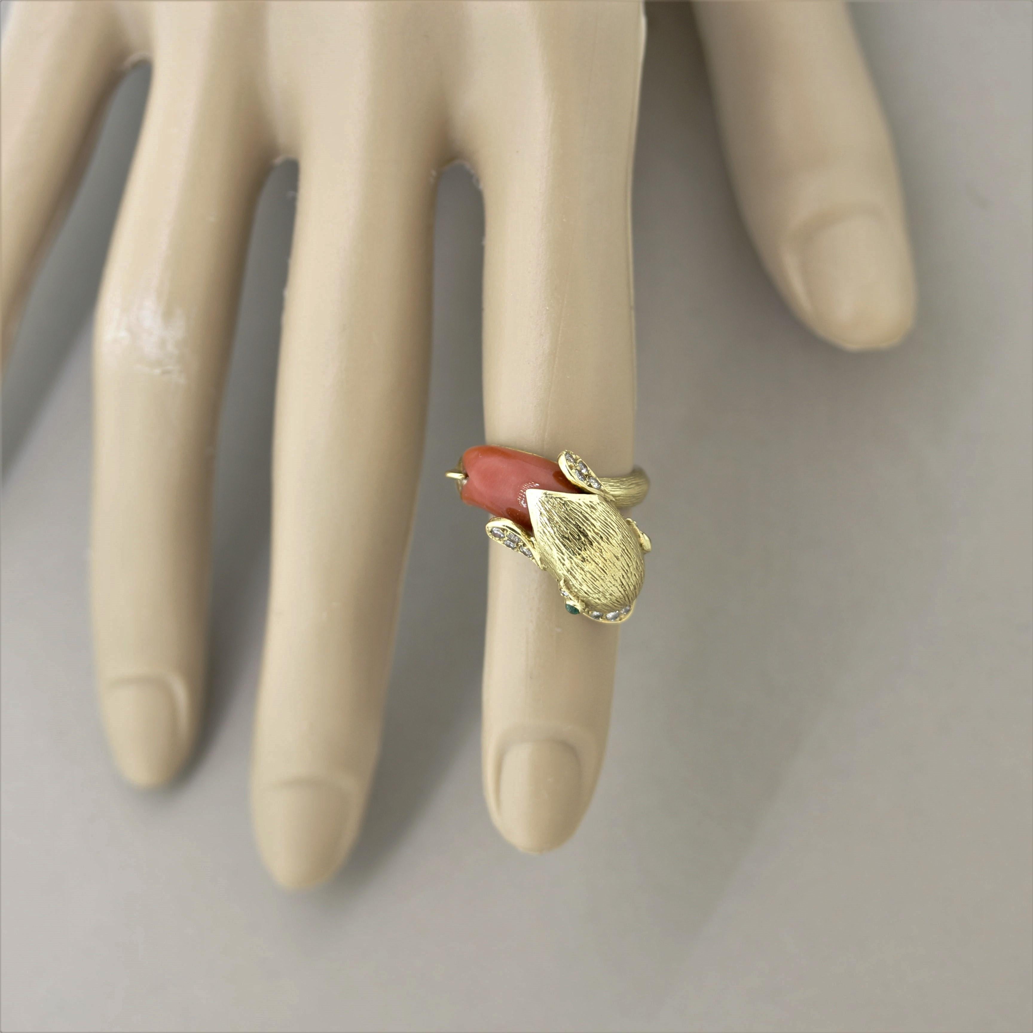 Mixed Cut 1970’s Diamond Coral Emerald Gold Dolphin Ring For Sale