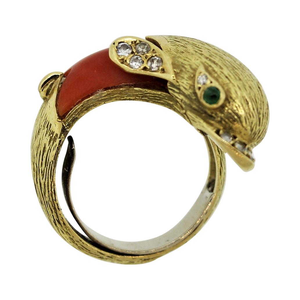 1970’s Diamond Coral Emerald Gold Dolphin Ring For Sale