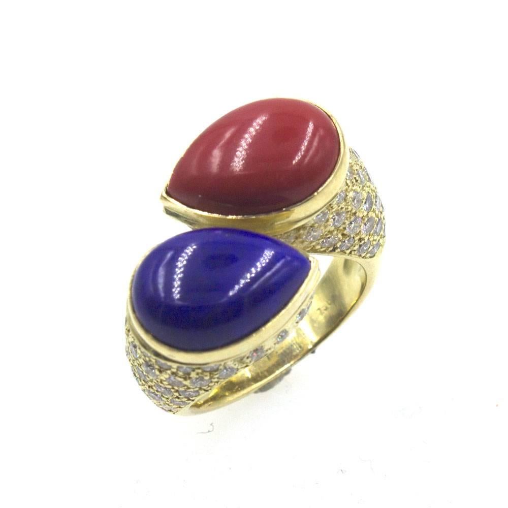 1970s Diamond Coral Lapis 18 Karat Yellow Gold Bypass Ring In Excellent Condition In Boca Raton, FL