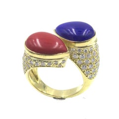 Vintage 1970s Diamond Coral Lapis 18 Karat Yellow Gold Bypass Ring