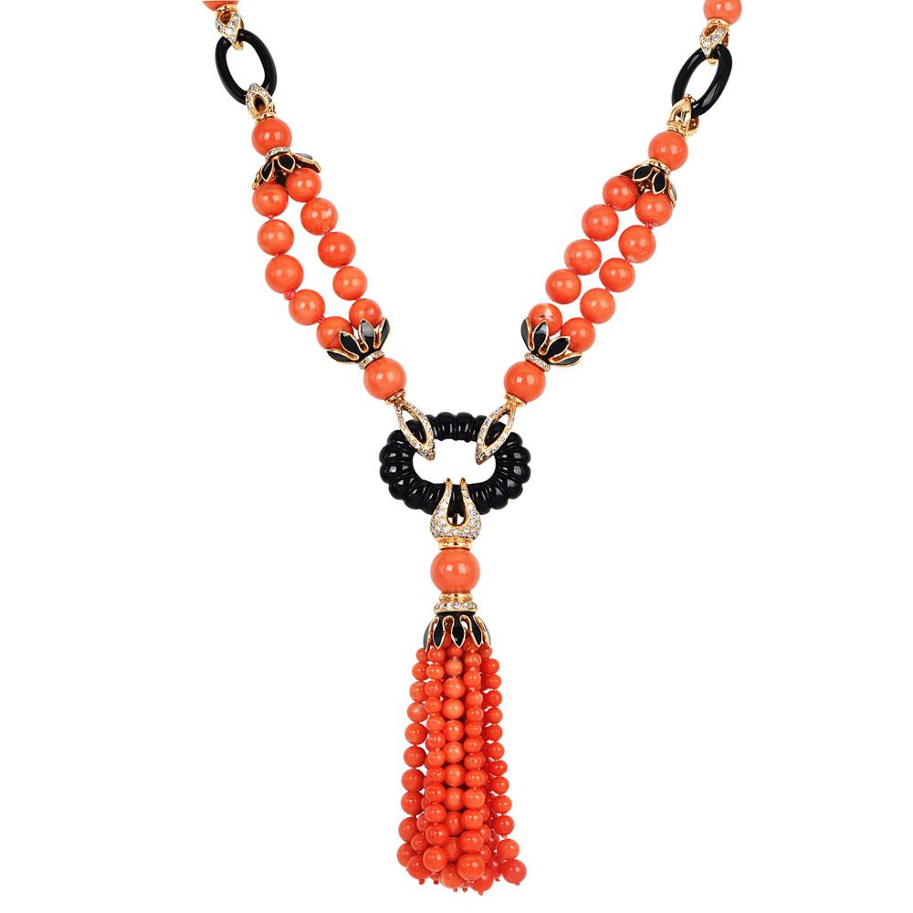 Retro 1970s Diamond Coral Onyx 18K Gold Tassel Statement Necklace For Sale