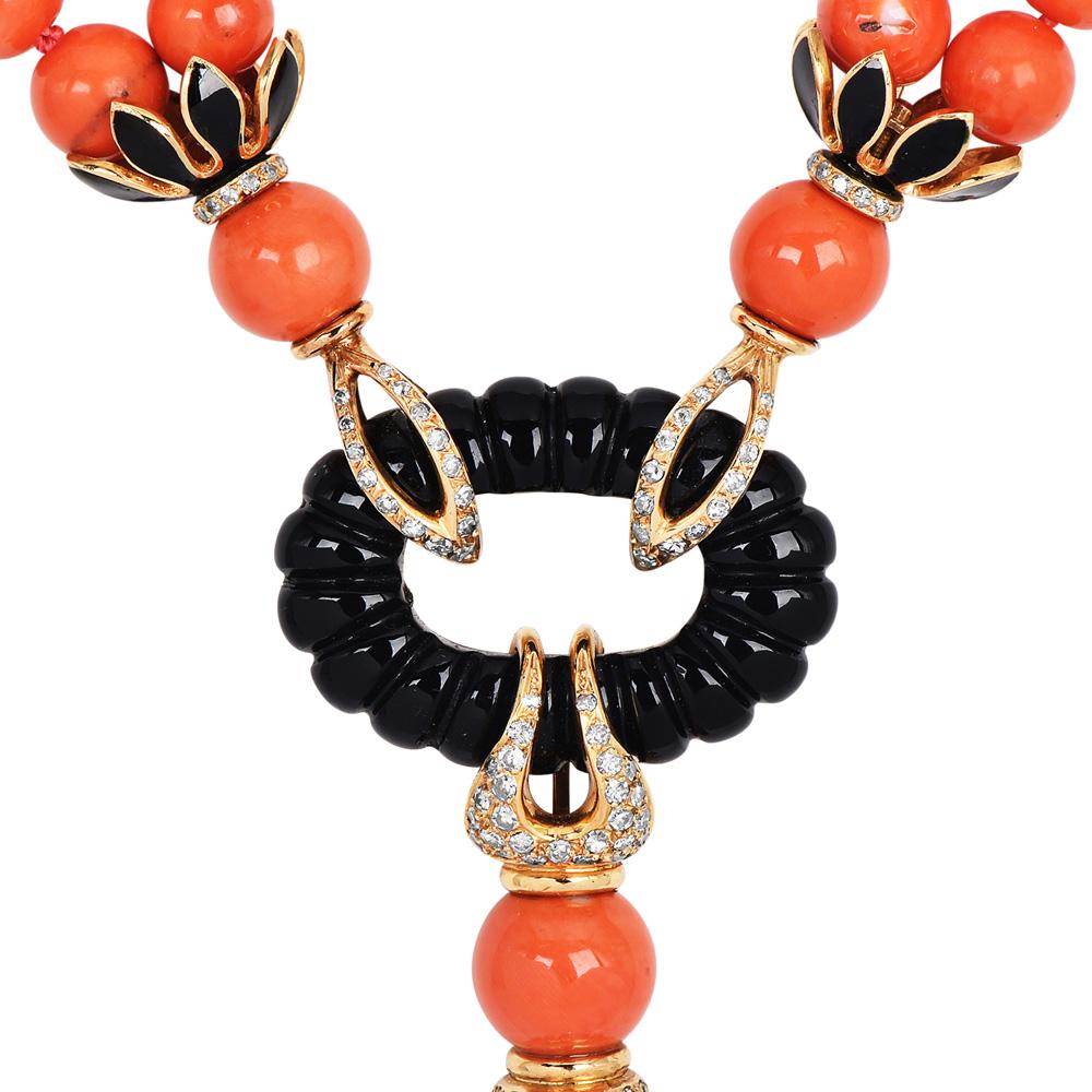 Bead 1970s Diamond Coral Onyx 18K Gold Tassel Statement Necklace For Sale