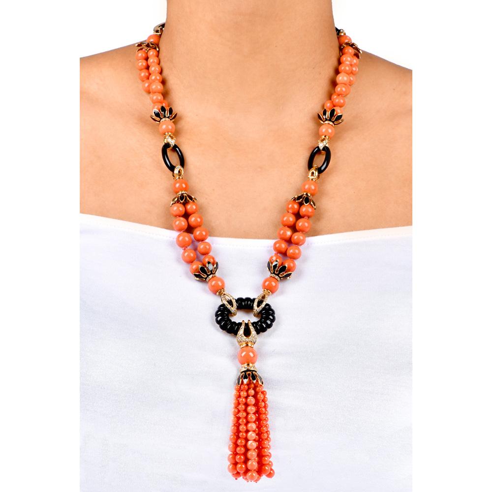 Women's 1970s Diamond Coral Onyx 18K Gold Tassel Statement Necklace For Sale