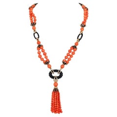 Retro 1970s Diamond Coral Onyx 18K Gold Tassel Statement Necklace