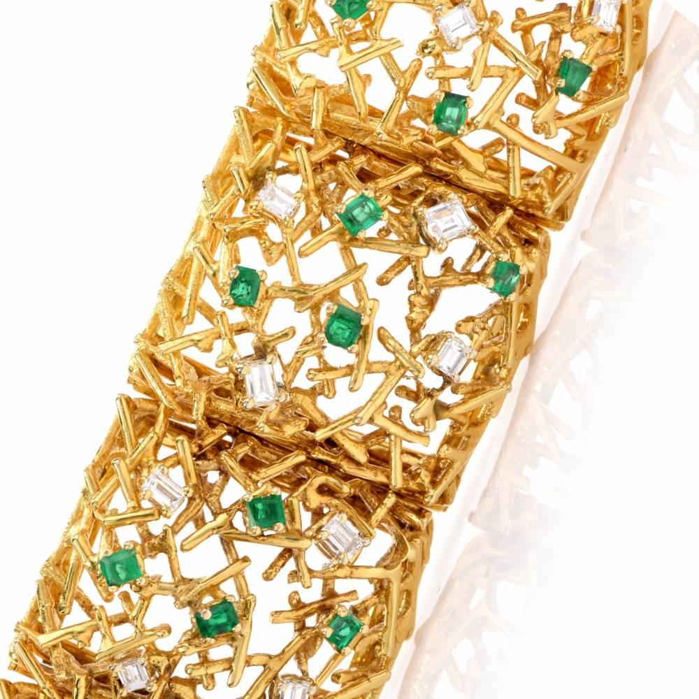 Modern 1970s Diamond Emerald 18 Karat Yellow Gold Wide Bracelet