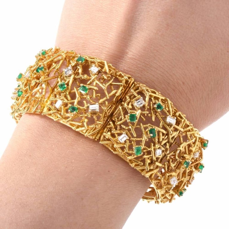 1970s Diamond Emerald 18 Karat Yellow Gold Wide Bracelet For Sale at