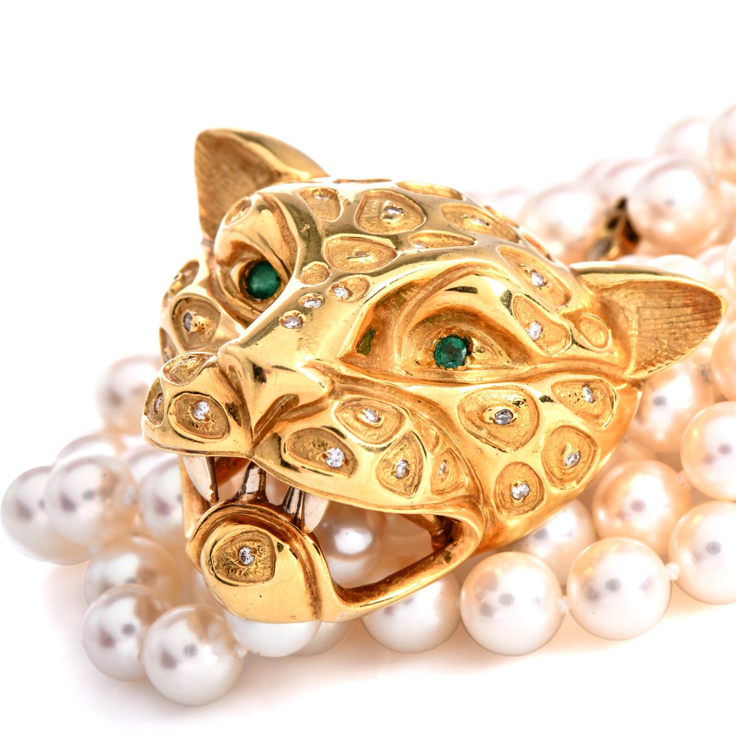 1970er Jahre Diamant Smaragd 18k Gold Panther Perlenkette 