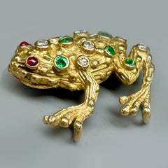 1970's Diamond, Emerald & Ruby Frog Pendant in Yellow Gold + Gemstone Necklace