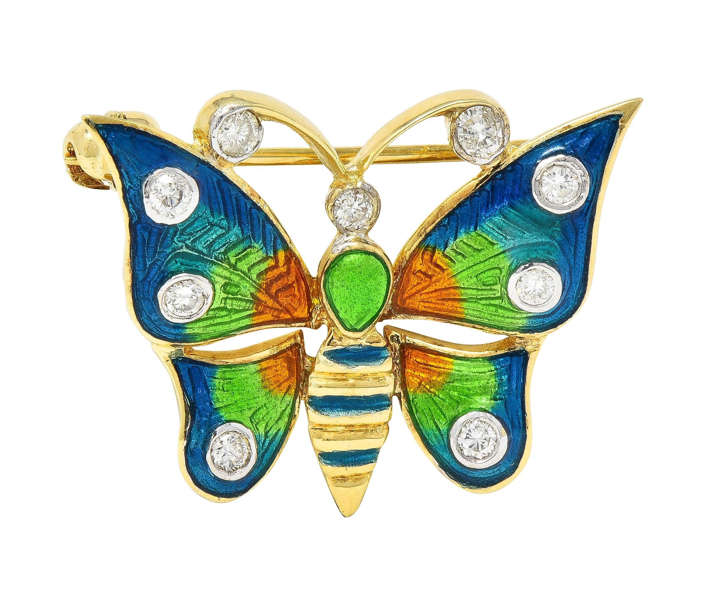 1970's Diamond Enamel 14 Karat Two-Tone Gold Vintage Butterfly Brooch For Sale 5