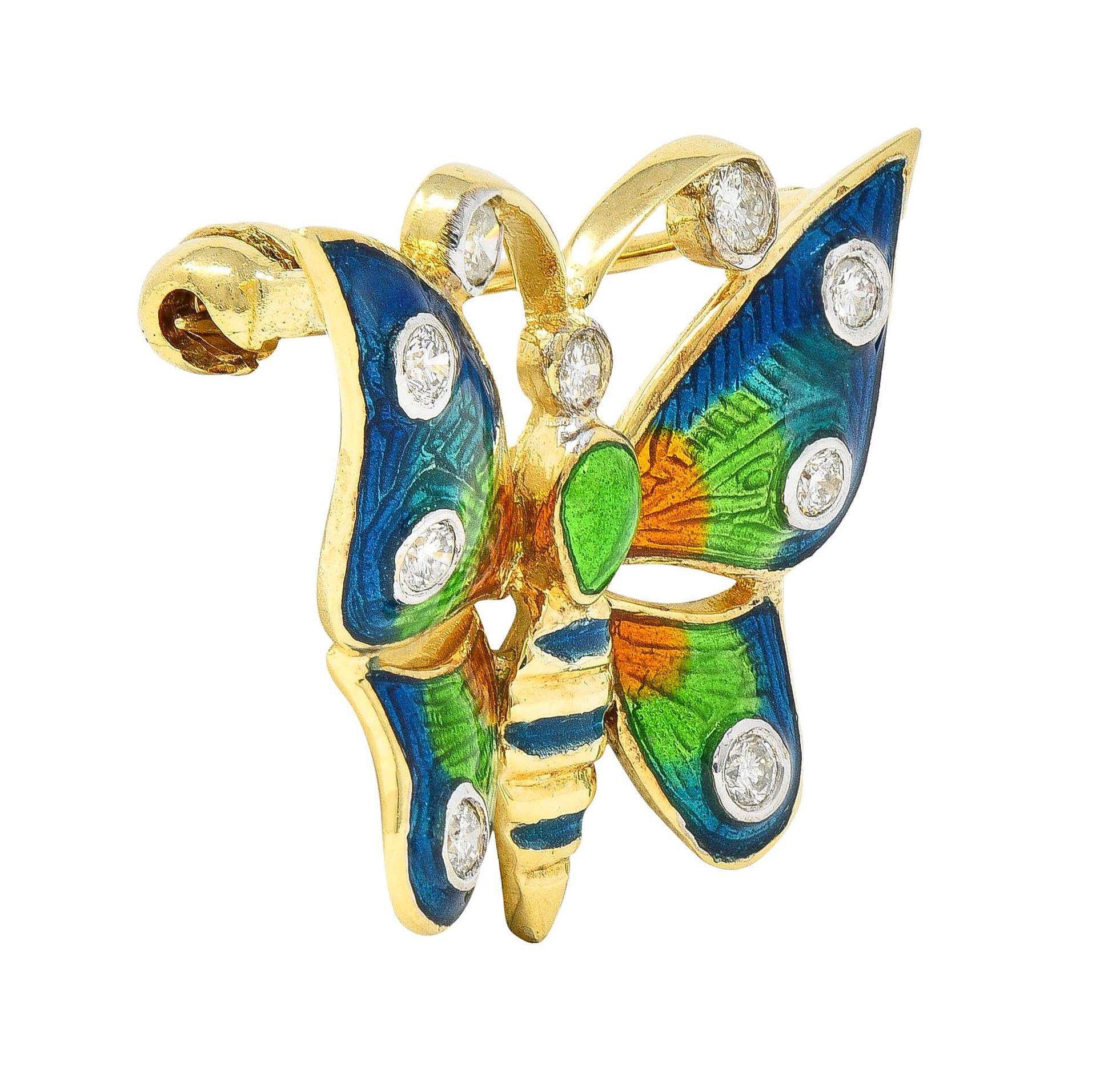Brilliant Cut 1970's Diamond Enamel 14 Karat Two-Tone Gold Vintage Butterfly Brooch For Sale