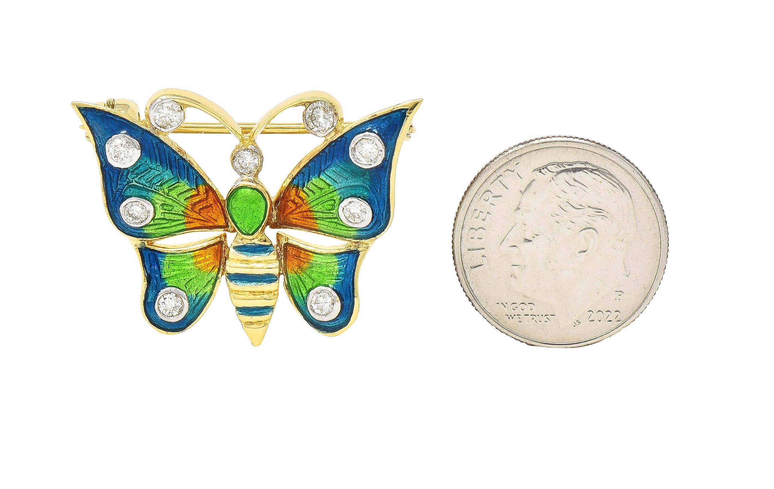1970's Diamond Enamel 14 Karat Two-Tone Gold Vintage Butterfly Brooch In Excellent Condition For Sale In Philadelphia, PA