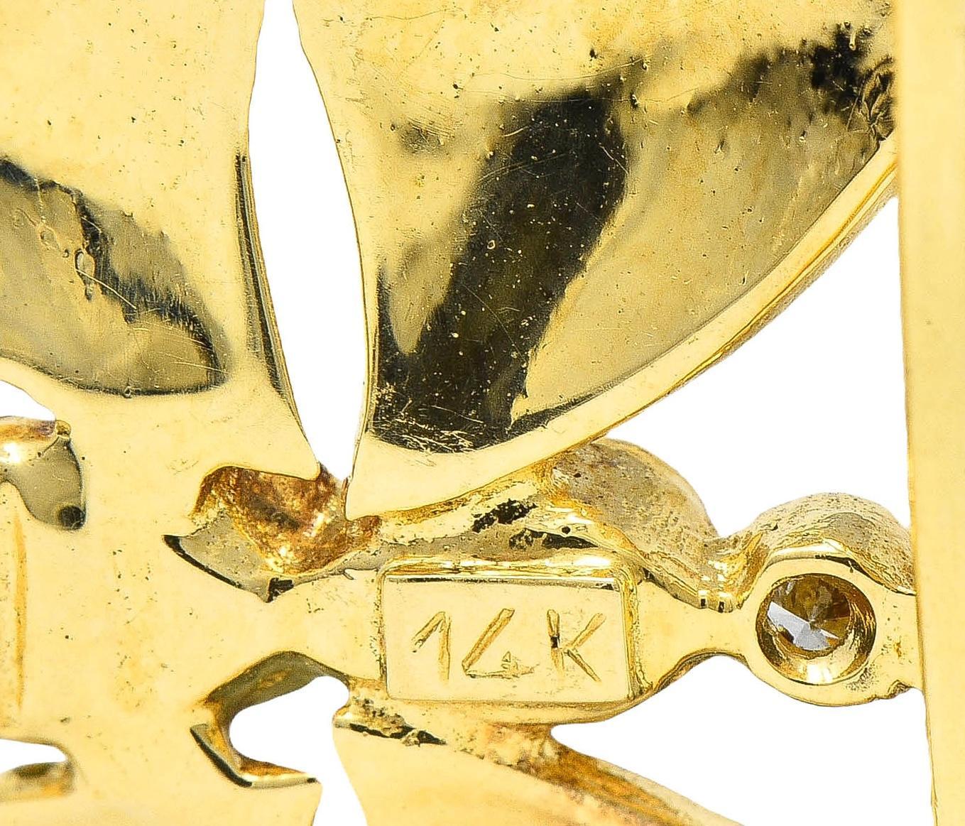 1970's Diamond Enamel 14 Karat Two-Tone Gold Vintage Butterfly Brooch For Sale 1