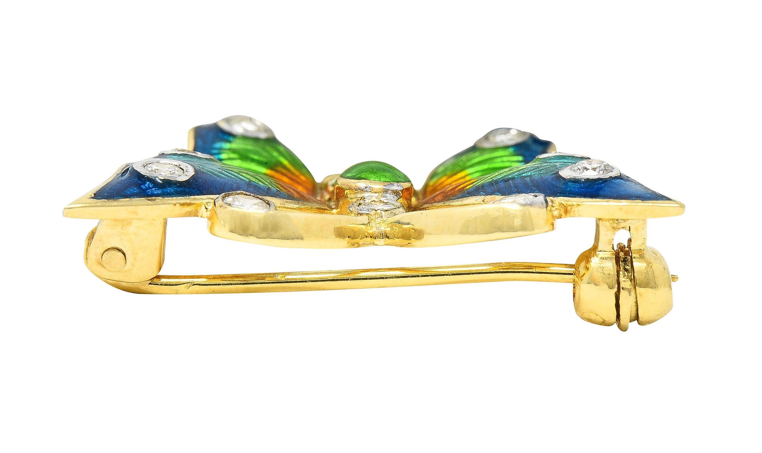 1970's Diamond Enamel 14 Karat Two-Tone Gold Vintage Butterfly Brooch For Sale 3
