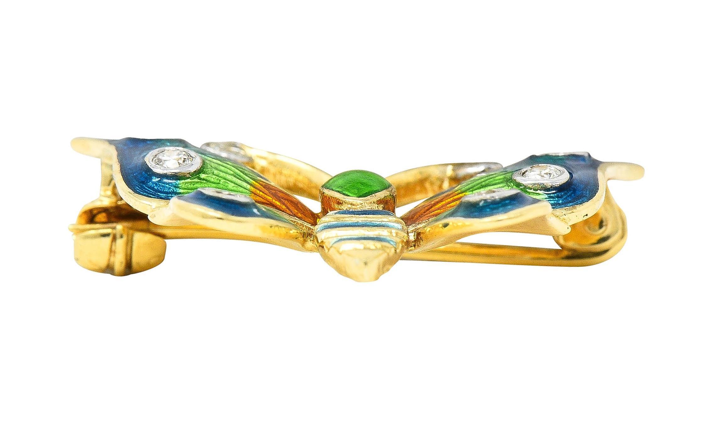 1970's Diamond Enamel 14 Karat Two-Tone Gold Vintage Butterfly Brooch For Sale 4