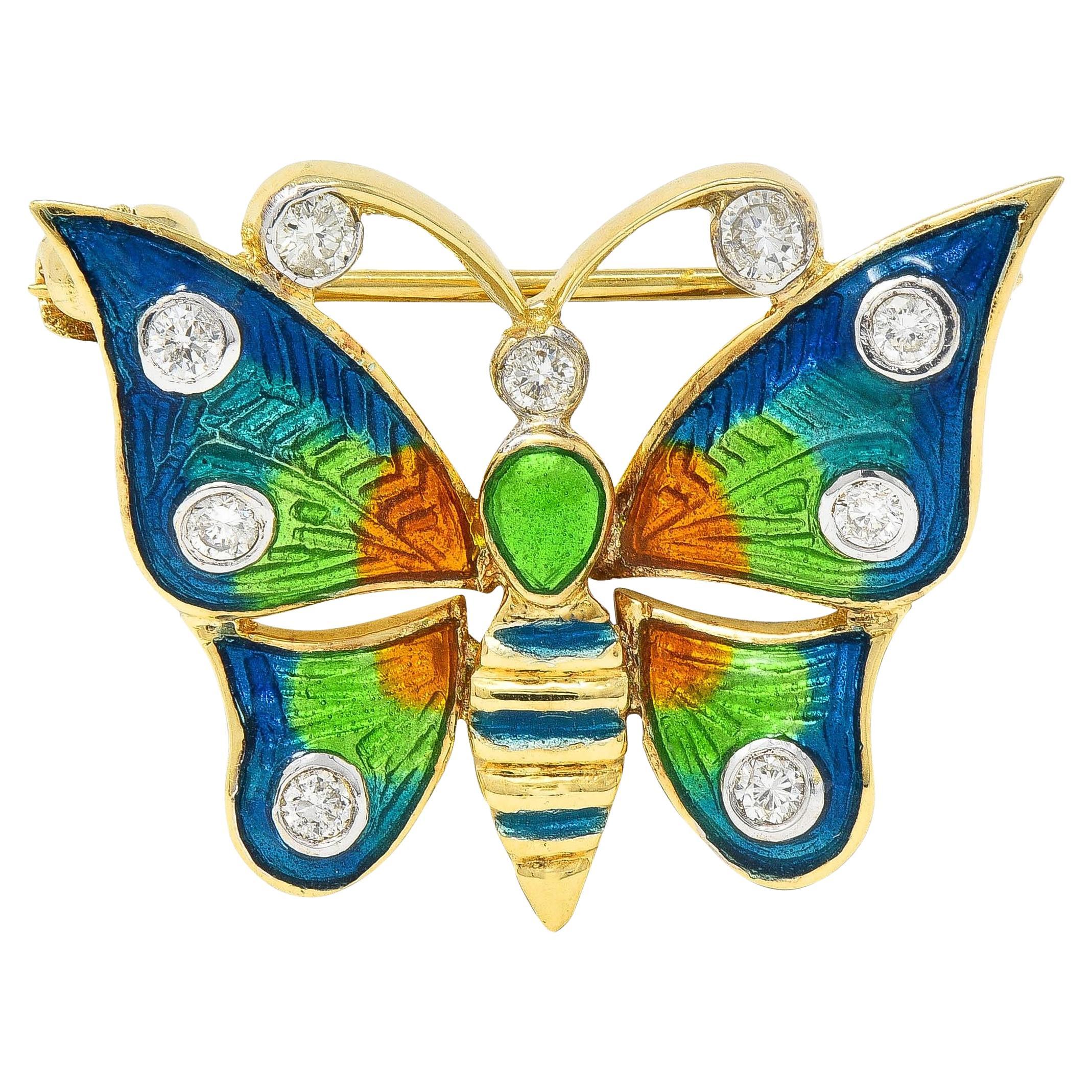 1970's Diamond Enamel 14 Karat Two-Tone Gold Vintage Butterfly Brooch For Sale
