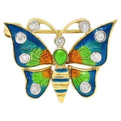 1970's Diamond Enamel 14 Karat Two-Tone Gold Vintage Butterfly Brooch