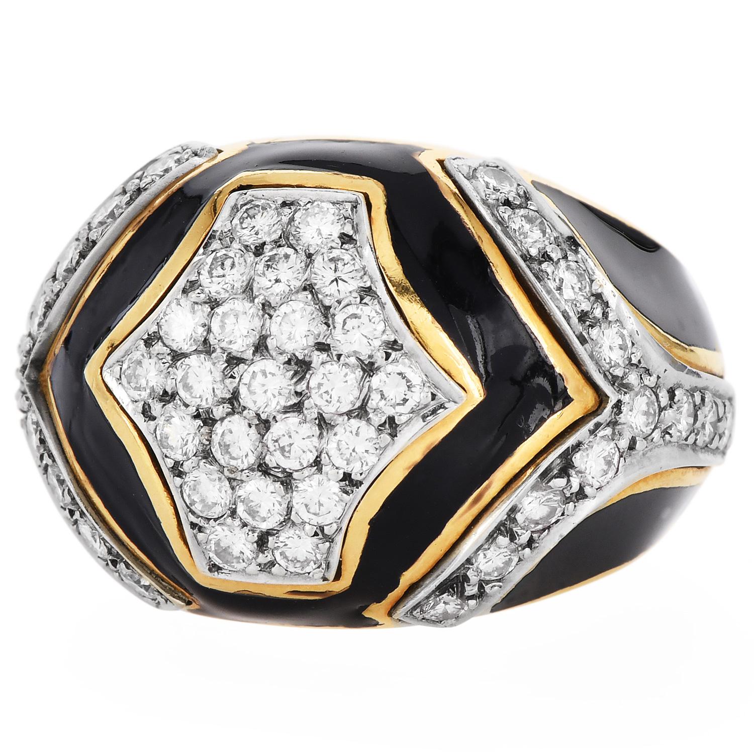 Presenting a Vintage 1970's Diamond Onyx 18K Gold Dome Statement Ring forged in 18K Yellow gold with black enamel inlay dome statement ring with natural Pave diamonds.

The diamonds are VS1-VS2 clarity and H-I color approximately 2.75 cttw

Marked: