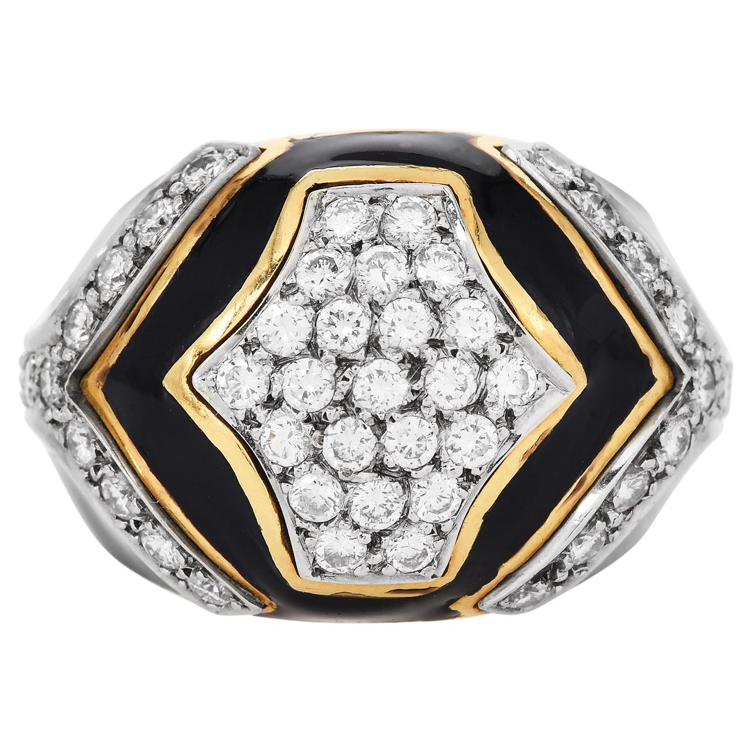 1970 Diamant émail or 18K Dome déclaration  Bague cocktail
