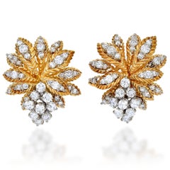 1970s Diamond Floral 18K Yellow Gold Statement Earrings