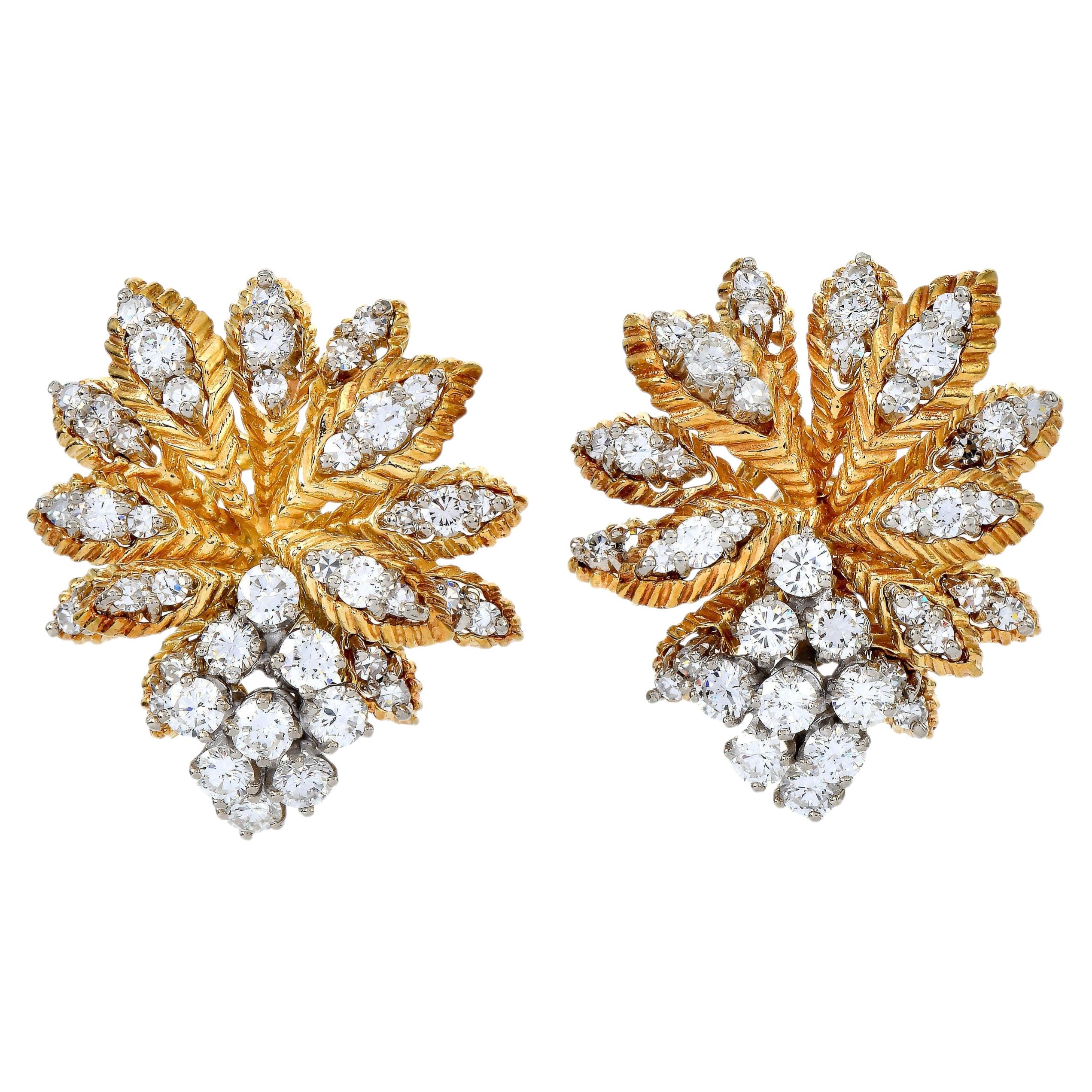 1970s Diamond Floral 18K Yellow Gold Statement Earrings