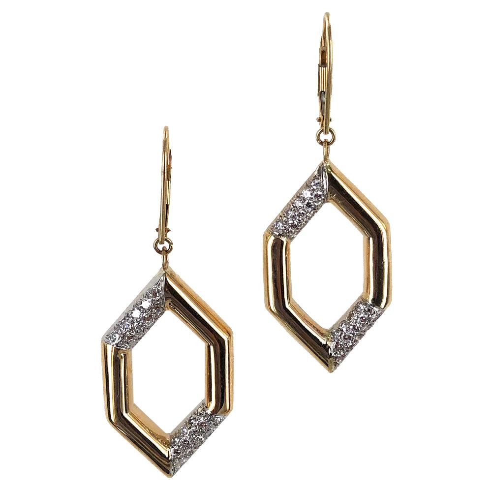 1970s Diamond Geometric 18 Karat Yellow Gold Dangle Earrings