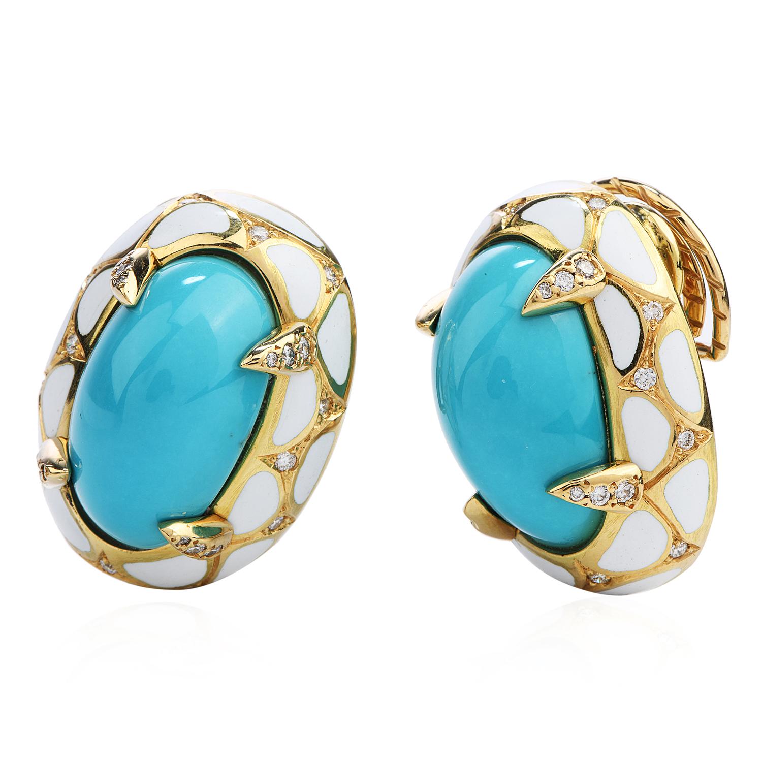 This Vintage  1970's Pair of Diamond and Turquoise Earrings were inspired in the Nest & Eggs Style,

crafted in solid 18K Yellow Gold with White Enamel Accents,

The focus and prominent center contains an oval 

cabochon-cut GIA Certified Turquoise