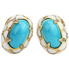 1970's Diamond GIA Turquoise 18k Gold Enamel Clip On Earrings