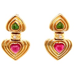 1970s Diamond Green Pink Tourmaline Yellow Gold Drop Earrings