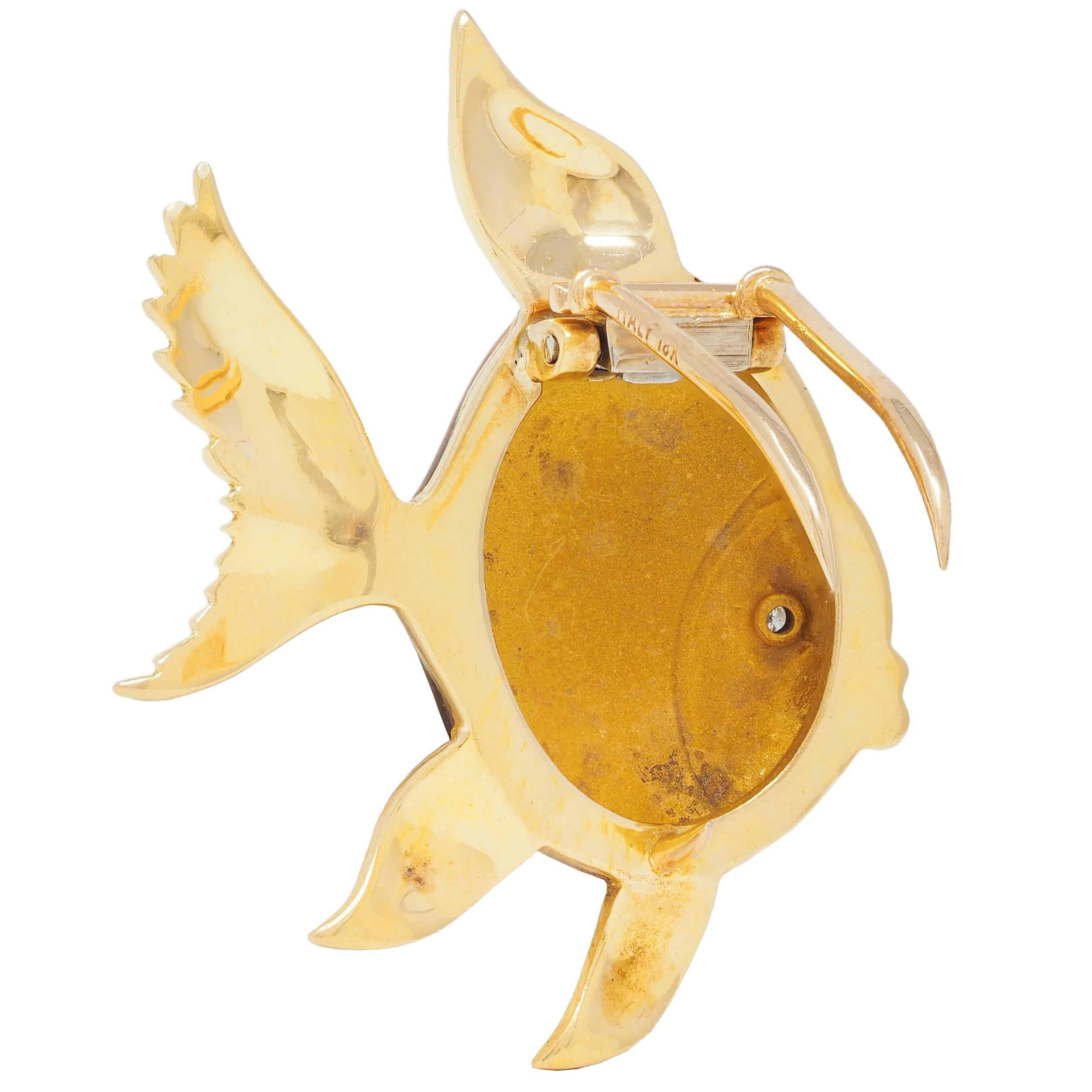 Women's or Men's 1970's Diamond Guilloche Enamel 18 Karat Yellow Gold Vintage Fish Brooch